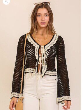 Boho Crochet Tie-front Cardigan Top- Black/Cream-Medium